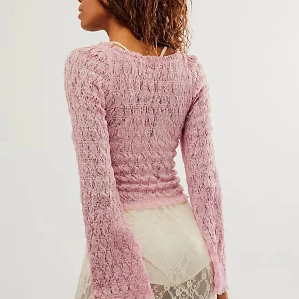 Free People FP One Madison Top Smocked Lace Sheer Hook-Front